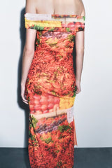 Women Silk Net Printed Off The Shoulder Casual Tube Top Dress