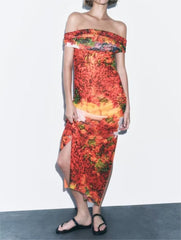 Women Silk Net Printed Off The Shoulder Casual Tube Top Dress
