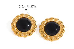 Stainless Steel 18K Gold Floral Black Agate Earrings Vintage Court Earrings Heavy Industry Ornament Women