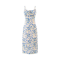 Spring Vacation Blue Butterfly Floral Tight Waist Suspender Sheath Dress