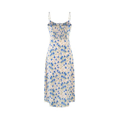 Spring Vacation Blue Butterfly Floral Tight Waist Suspender Sheath Dress
