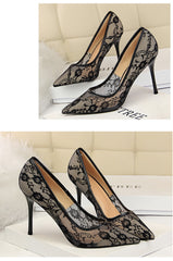 Sexy Skinny High Heels Women Shoes Stiletto Heel Shallow Mouth Pointed Toe Mesh Hollow Out Cutout out Lace Shoes