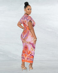 Women Clothing Pattern Print V neck Ethnic Slit Positioning Pleated Jumpsuit
