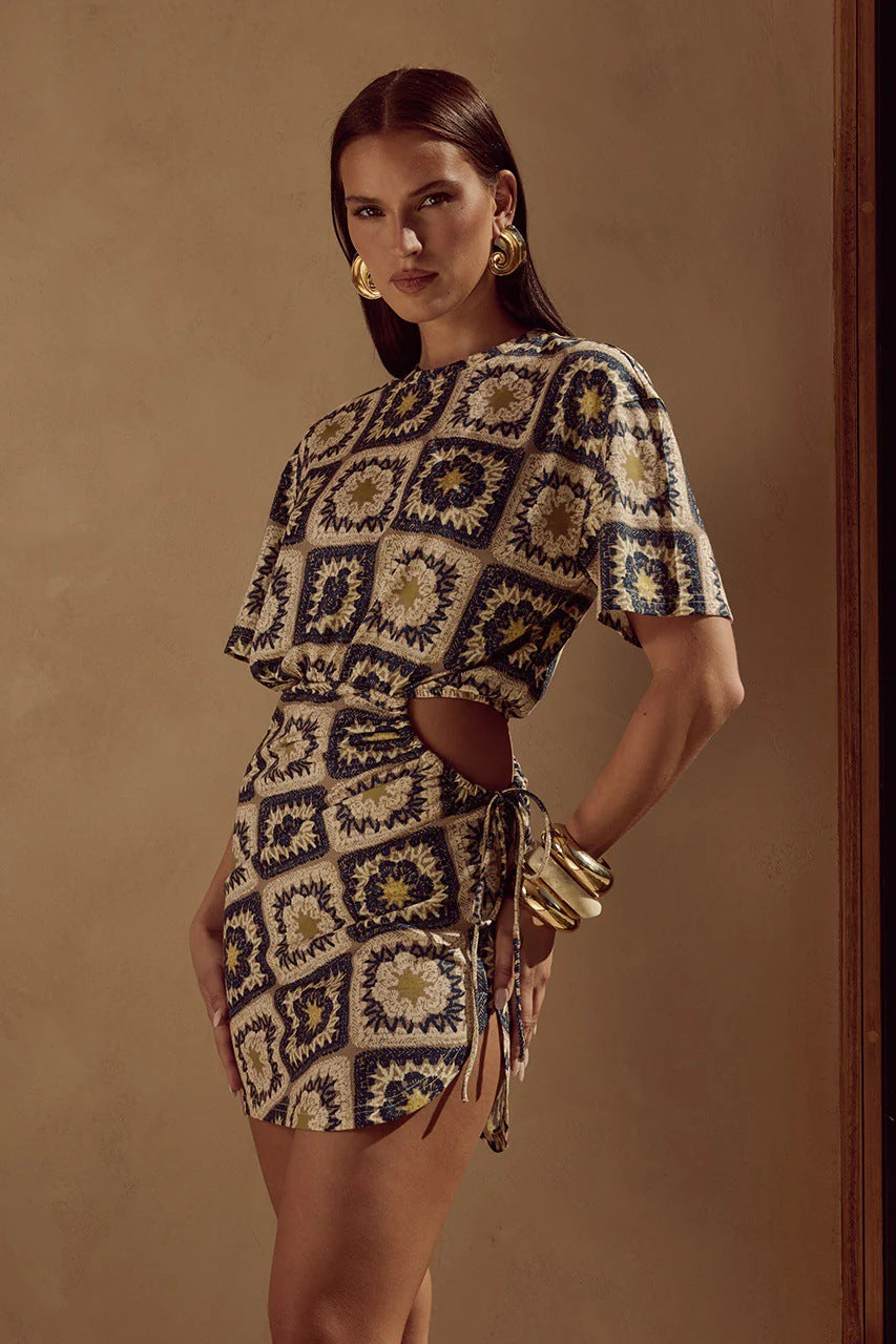 Summer Personalized Printed Waist Drawstring Sexy Sheath Mini Dress