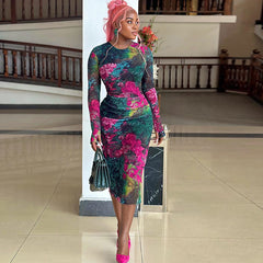 Personality Women Wear Elegant Printed Office Lady Sheath Dress round Neck Long Sleeve Slim Length Dress