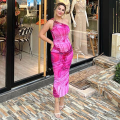 Women Clothing Summer Printed One Shoulder High Waist Hip