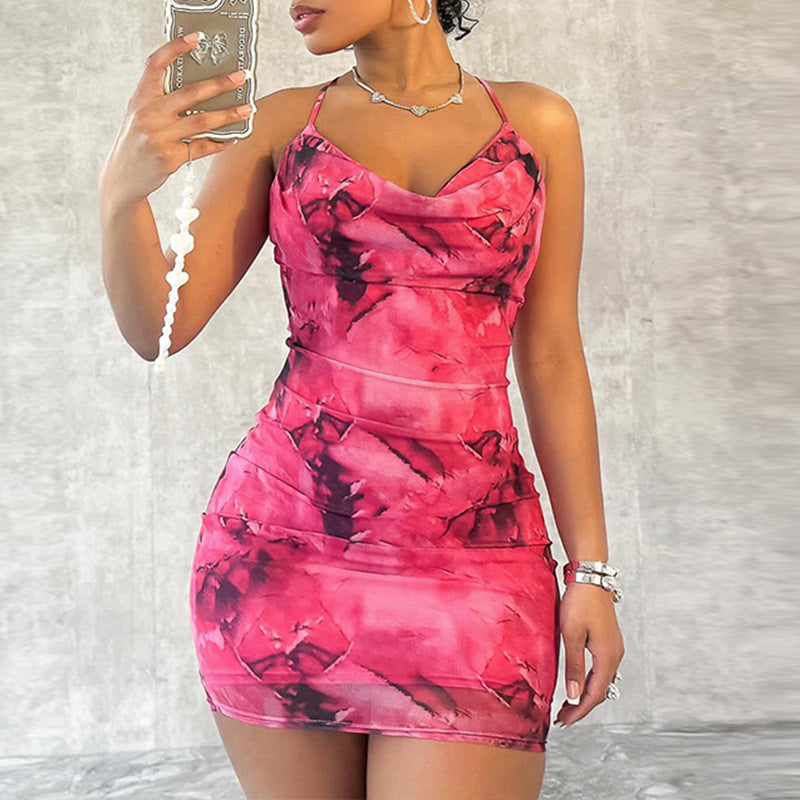 Women Clothing Printed Sexy Halter Sleeveless Cross Backless Hip Trendy Dress