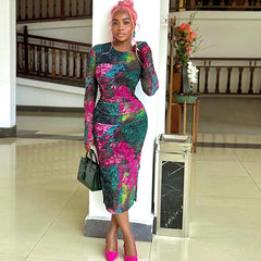 Personality Women Wear Elegant Printed Office Lady Sheath Dress round Neck Long Sleeve Slim Length Dress