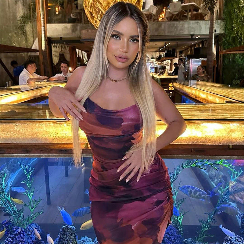 Spring Summer Women Clothing Sexy Strap Backless Fold Split Dress