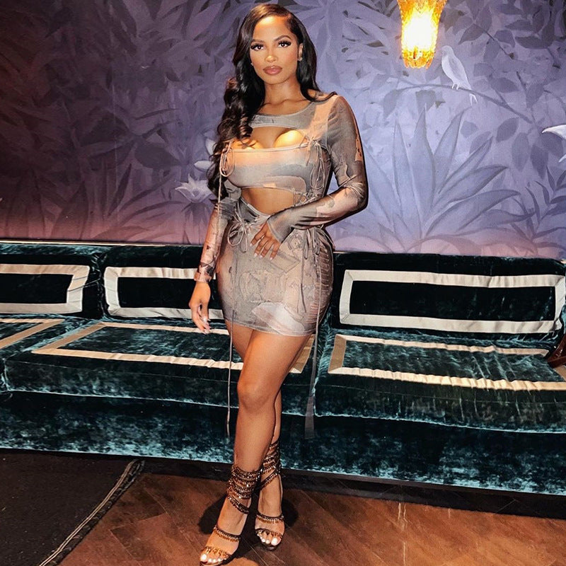 Sexy Round Neck Dress Strap Printing Hollow Out Cutout Out Dress Street Nightclub Long Sleeve Hip Dress Women
