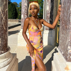 Cross Autumn Street Hipster Printed V neck Hanging Mid Length Split Dress