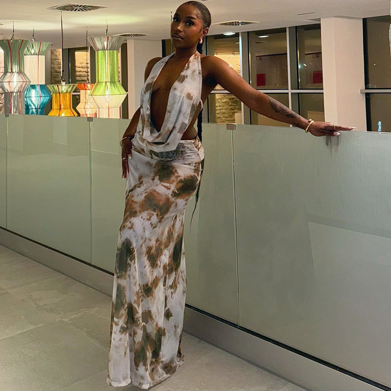 Casual Women Wear Printed Pleated Backless Skirt Set Sleeveless Lace up Deep V Plunge neck Two Piece Set