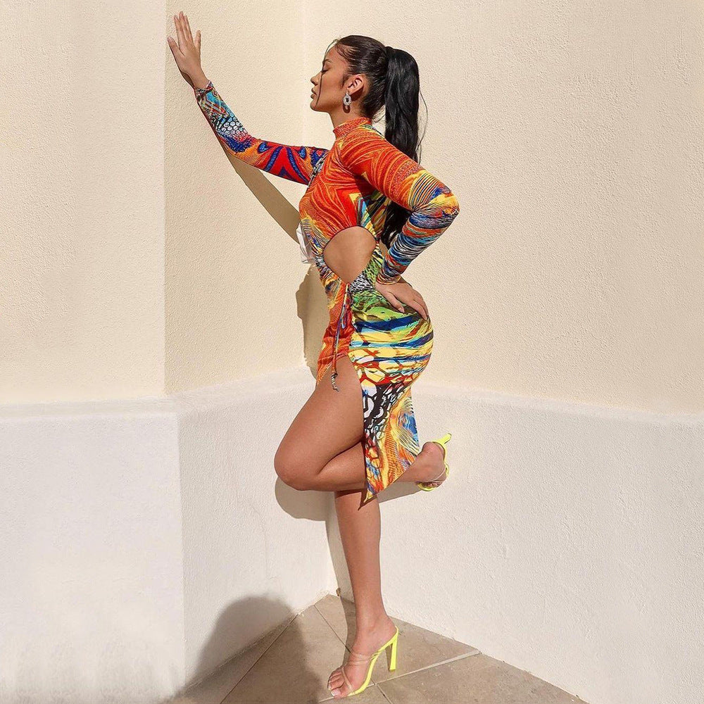 Women Clothing Sexy Mid Waist Printed Milk Silk Midi Dress