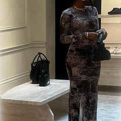 Winter Explosion Round Neck Long Sleeve Printing Dress Women Clothing