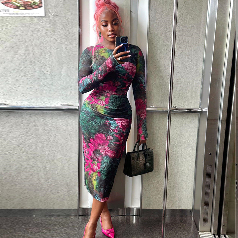 Personality Women Wear Elegant Printed Office Lady Sheath Dress round Neck Long Sleeve Slim Length Dress