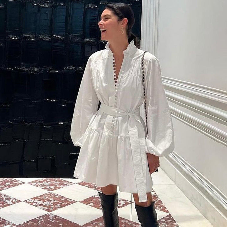 Cotton French Elegant Long Sleeve Dress Women Ruffle Collar Pleated Single Breasted Strap A line Dress