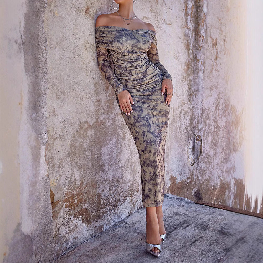 Spring Summer Women Clothing Dress Mesh Printed Rhinestones Slim Fit Evening Dress