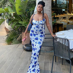 Halter Dress Wrapped Chest Printed Sleeveless Pullover Dress Backless Mid Waist Fishtail Dress Women