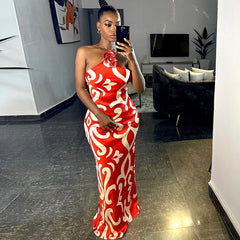 Printed Sexy Sleeveless Halter Three Dimensional Floral Decoration Sheath Dress Trendy Women