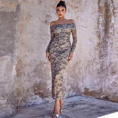 Spring Summer Women Clothing Dress Mesh Printed Rhinestones Slim Fit Evening Dress