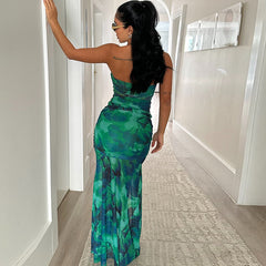 Printing Dress Sexy Sleeveless Halter Backless Slit Casual Dress
