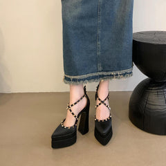 Pointed Rivets Chunky Heel Satin Wedding Cocktail 15cm Double Waterproof Platform with Women Shoes Heels