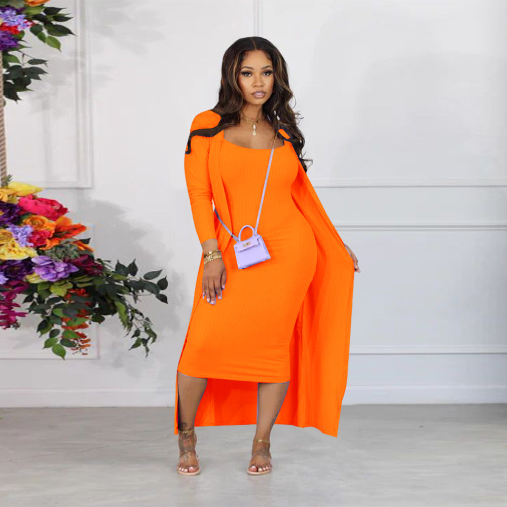 Long Sleeved Coat U Neck Sling Midi Dress Sunken Stripe Two Piece Set