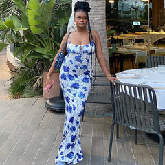 Halter Dress Wrapped Chest Printed Sleeveless Pullover Dress Backless Mid Waist Fishtail Dress Women