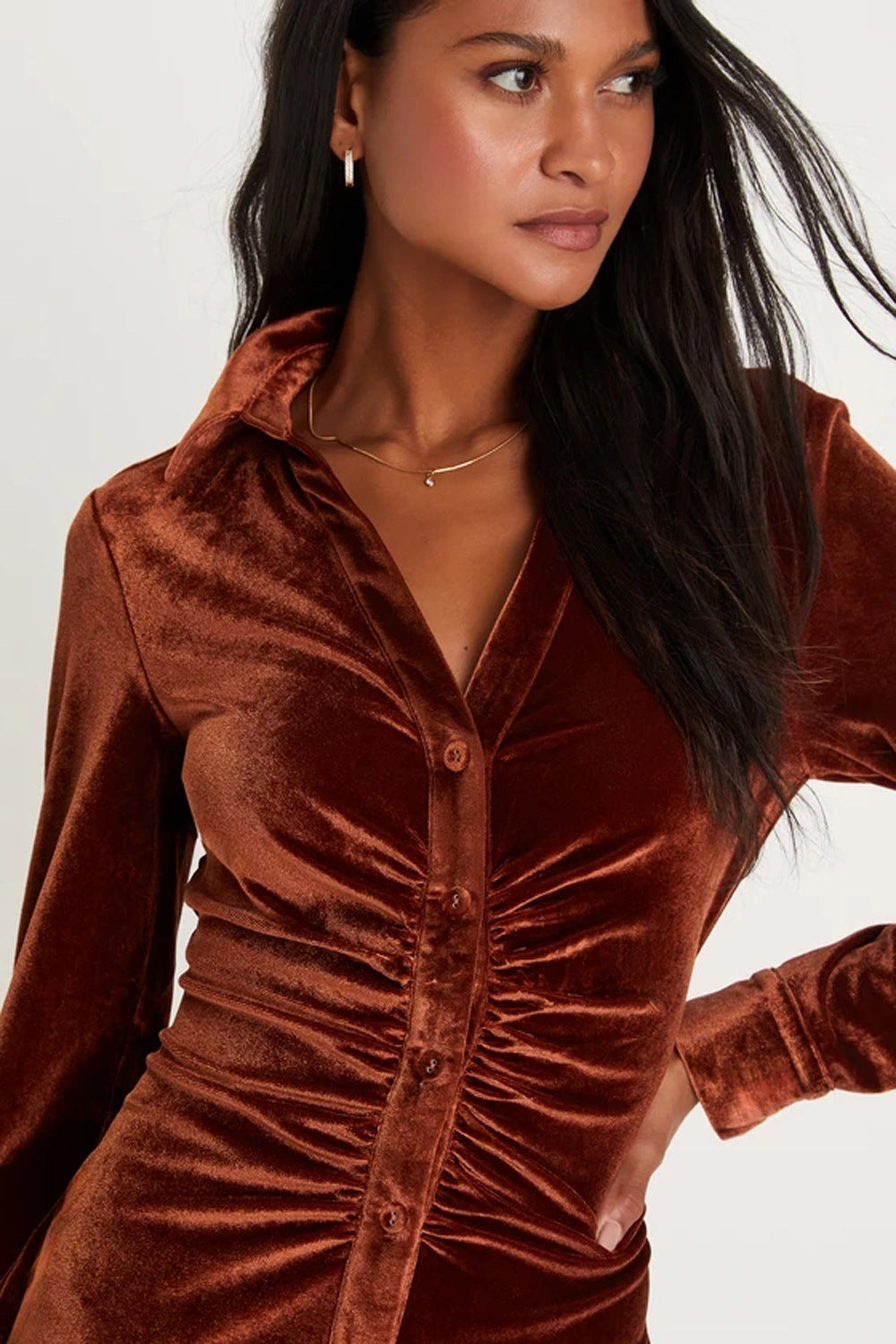 Women Clothing Velvet Shirt Women Long Sleeved Single Breasted Small Pleated Waist Tight Shirt Sheath Dress