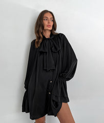 Autumn Winter Casual Elegant Thick Matte Satin Loose Tie Neck Flare Sleeve Tie Neck Women Clothing Dress White