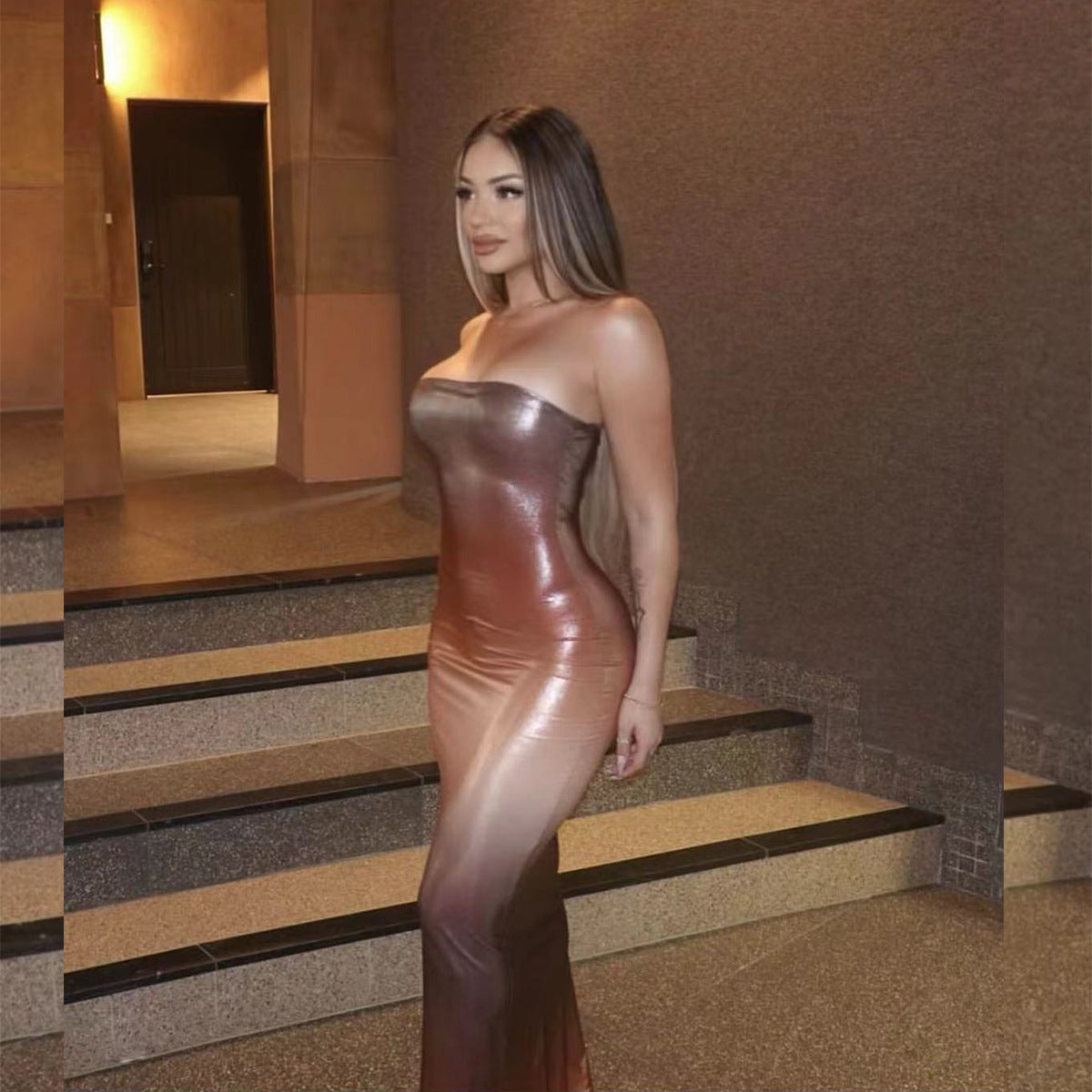 Women Autumn Sexy Tube Top Maxi Dress Nightclub Tight Fitting Cinched Hip Dress Women