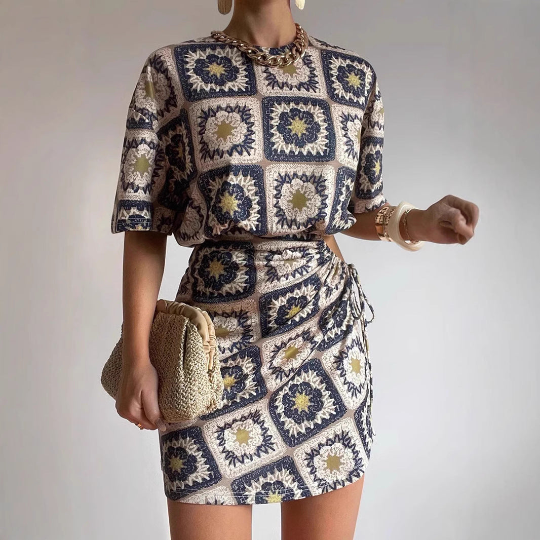 Summer Personalized Printed Waist Drawstring Sexy Sheath Mini Dress