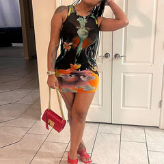 Sexy See Through Dress Voile Round Neck Sleeveless Dress Printed Vest Street Nightclub Hip Dress Women