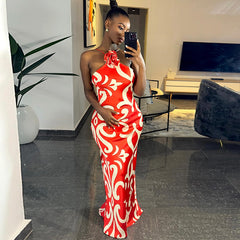 Printed Sexy Sleeveless Halter Three Dimensional Floral Decoration Sheath Dress Trendy Women