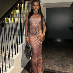 Sexy Stand up Collar Dress Printed Pullover Sleeveless Hollow Out Cutout Maxi Dress Nightclub Fishtail Women