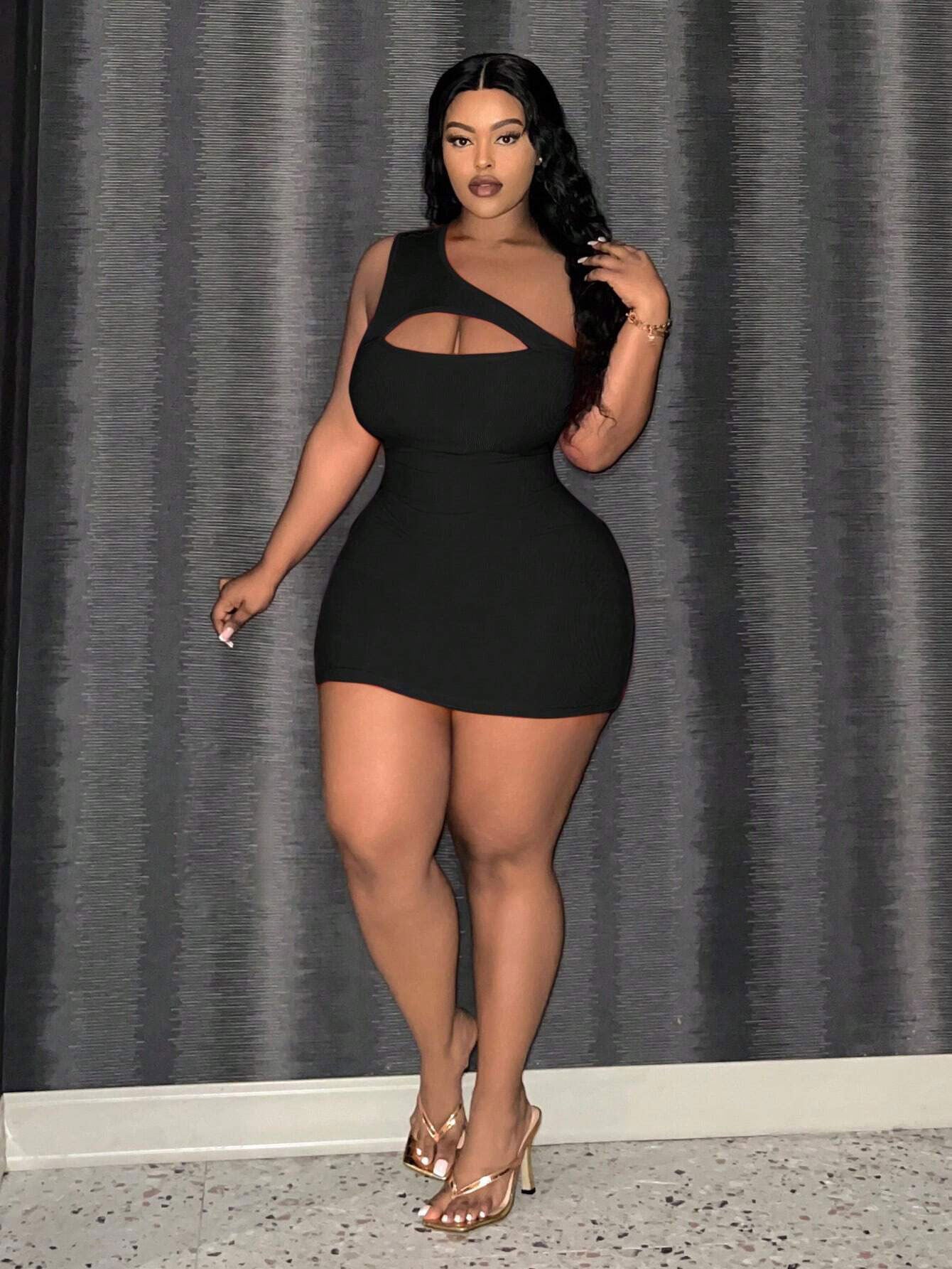 Sexy Women Clothing Diagonal Collar One Shoulder Hollow Out Cutout out Sleeveless Midi Dress Dress