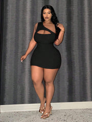 Sexy Women Clothing Diagonal Collar One Shoulder Hollow Out Cutout out Sleeveless Midi Dress Dress