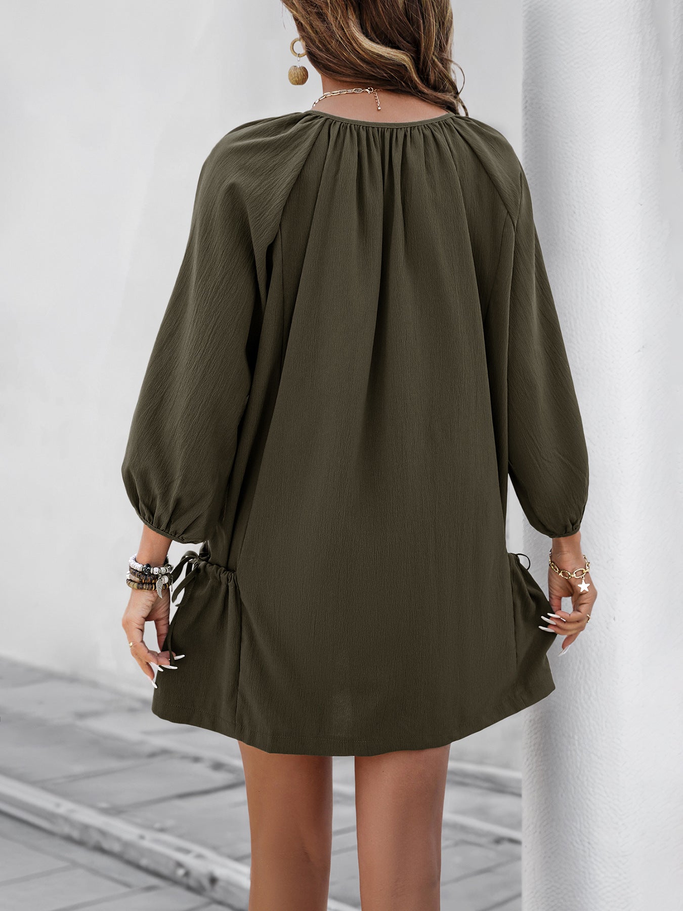 Spring Summer Casual Loose Dress Elastic Design Pocket Solid Color Dress