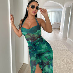 Printing Dress Sexy Sleeveless Halter Backless Slit Casual Dress