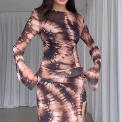 Fall Leopard Print Mesh Floral Print Long Sleeve Ruched Slit Slim Fitting Dress