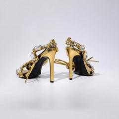 Pointed Toe 11cm Women Rhinestone Lace up Sexy Open Toe High Heel Sandals Gold Silver Green Purple High Heels Heels