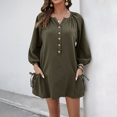Spring Summer Casual Loose Dress Elastic Design Pocket Solid Color Dress