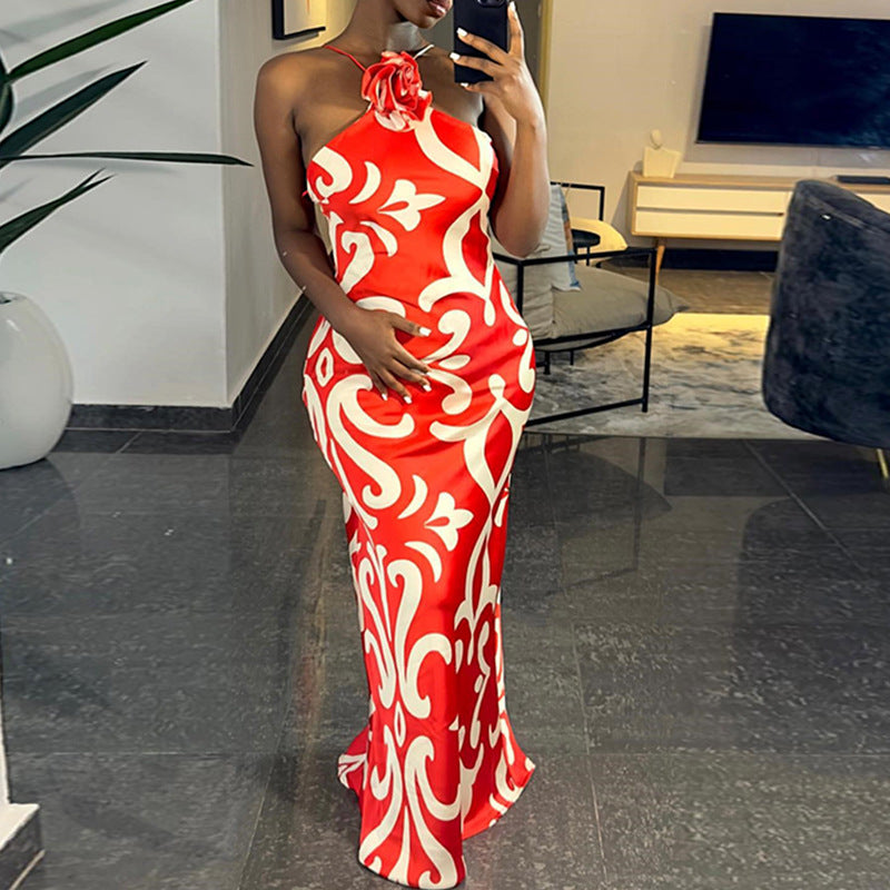 Printed Sexy Sleeveless Halter Three Dimensional Floral Decoration Sheath Dress Trendy Women