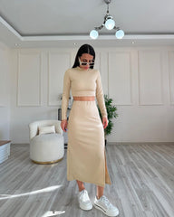 Spring Autumn Solid Color Round Neck Long Sleeve Women Two Piece Suit Split Skirt Set