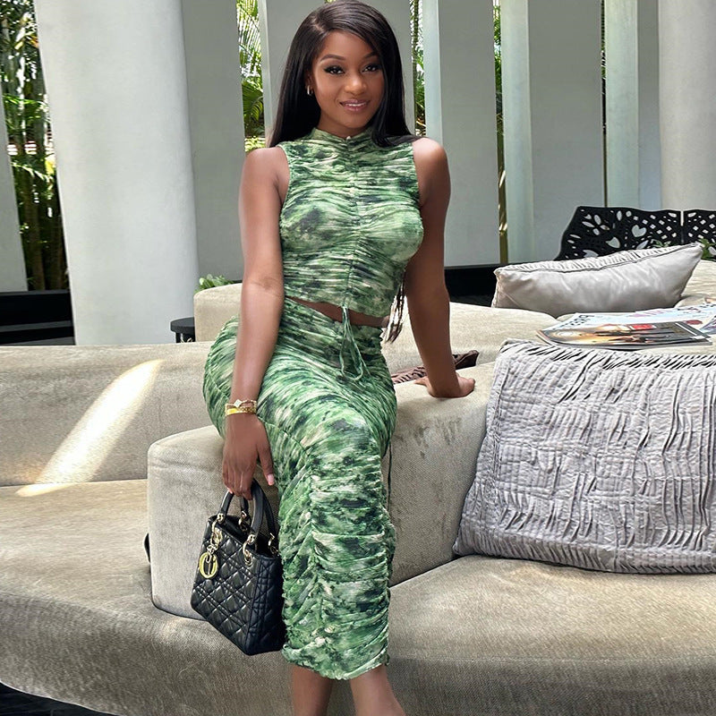 Printed Sleeveless Pullover Drawstring Top Skirt Two Piece Suit Suit Women