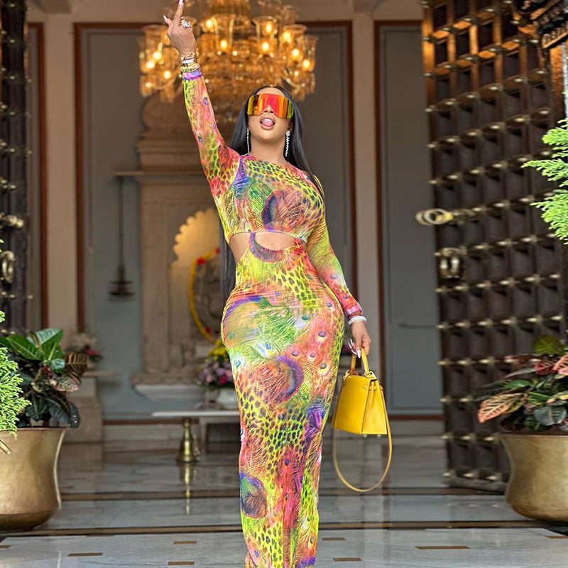 round Neck Tight Maxi Dress Phoenix Tail Printed Long Sleeve Narrow Pencil Dress Street Hipster Women