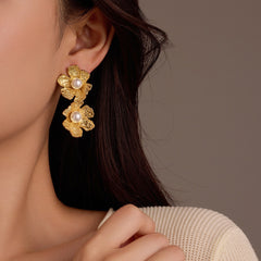 Gold Titanium Steel Petal Pearl Non Fading Stainless Steel Earrings Earrings