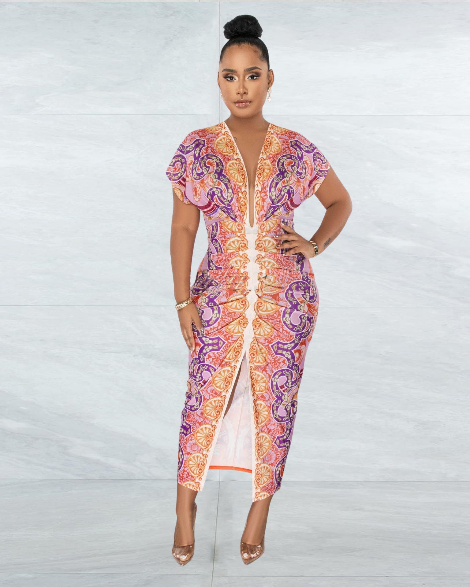 Women Clothing Pattern Print V neck Ethnic Slit Positioning Pleated Jumpsuit