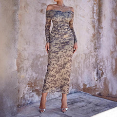 Spring Summer Women Clothing Dress Mesh Printed Rhinestones Slim Fit Evening Dress