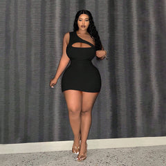Sexy Women Clothing Diagonal Collar One Shoulder Hollow Out Cutout out Sleeveless Midi Dress Dress